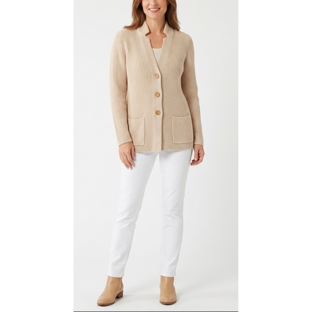 J. Jill Womens Small Ribbed Knit Cardigan Sweater Beige Button Front Pockets
